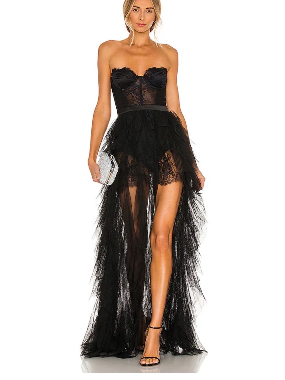 For Love And Lemons Black Strapless Lace Bustier High-Low Tulle Gown